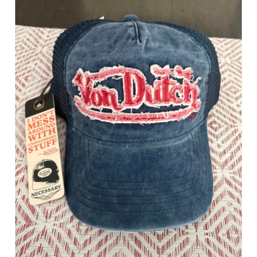 Von Dutch Distressed Denim Navy Trucker Hat Red Embroidered Logo Snapback New